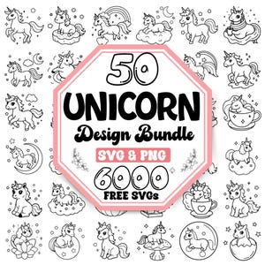 Könnte beinhalten: Ein Set mit 50 Schwarzweiß-Illustrationen von Einhörnern. Die Illustrationen zeigen Einhörner in verschiedenen Posen, darunter stehend, sitzend und liegend. Einige Einhörner halten Gegenstände, wie eine Tasse Tee oder eine Blume. Die Illustrationen sind perfekt für die Verwendung in Bastelprojekten, Scrapbooking oder digitalem Design.