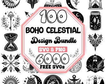 Op de afbeelding: Een verzameling zwart-witte boho hemelse ontwerpen, waaronder manen, sterren, zandlopers en een uil. De afbeelding bevat de tekst "100 BOHO CELESTIAL Design Bundle SVG & PNG 6000 FREE SVGs."