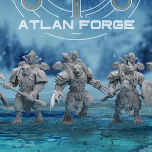 May include: A group of five gray fantasy figurines, each in a warrior pose, holding weapons like axes, hammers, and shields. The figures have a bear-like appearance and are set against a blurred, snowy background. The text "ATLAN FORGE" is at the top.
