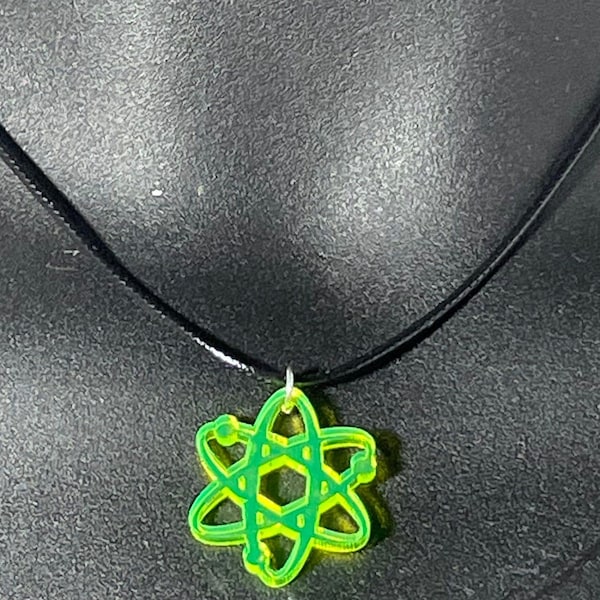UV Green Acrylic Atom Necklace - NEW Gift Handmade Jewellery - Black Cord With Extension Chain - Bright Science Punk Cyber Goth Big Bang Emo