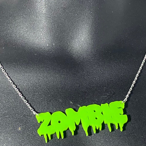 Green Shiny Acrylic Zombie Word Chain Necklace - NEW Gift Handmade Jewellery - Monster Halloween Punk Drip Slime Cool Emo Rock Goth Present