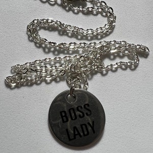 Boss Lady Chain Necklace - Silver Circular Charm Female Business Owner Mother's Day Gift Ideas Jewellery Delicate Stamped Circle Costume