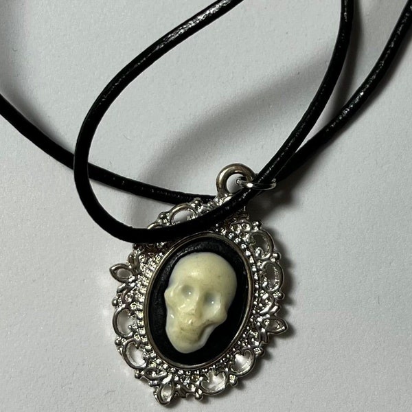 Cameo Skull Necklace - NEW Handmade Gift Present Jewellery - Gothic Silver Frame 3D Skeleton Face Filigree - Black Cord With Extension Chain