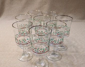 Vintage Arby Holly and Ribbons 12 Ounce Stemmed Glasses by Libbey Gold Trimmed Set of 8 Like New