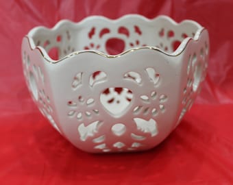 Vintage Ivory Gold Trim Pierced Bowl