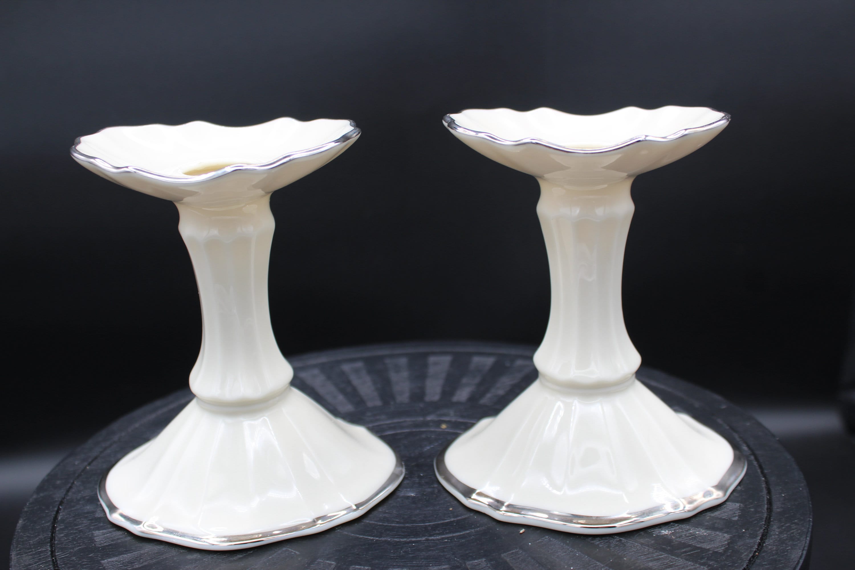 Pair of Vintage Lenox Symphony Ivory Platinum Trim Candle Holders