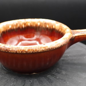 Vintage Hull Pottery Oven Proof Brown Drip Glaze Individual Cassoulet or Soup Bowl with Handle Made in USA