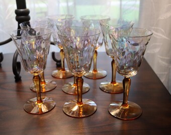 Vintage Fostoria Iridescent Optic Loop Amber Stem 8-Ounce Water Goblet Set of 8