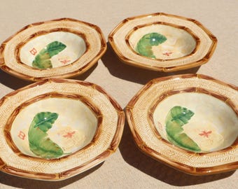 Vintage Stoneware Royal Palm by Ambiance Nanette Vacher Set of 4 Rim Soup Bowls
