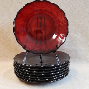 Vintage Princess House Ruby Red Fantasia Luncheon Plate Scalloped Rim Set of 8 Flower and Vine Holiday Decor Patriotic Decor Pressed Glass