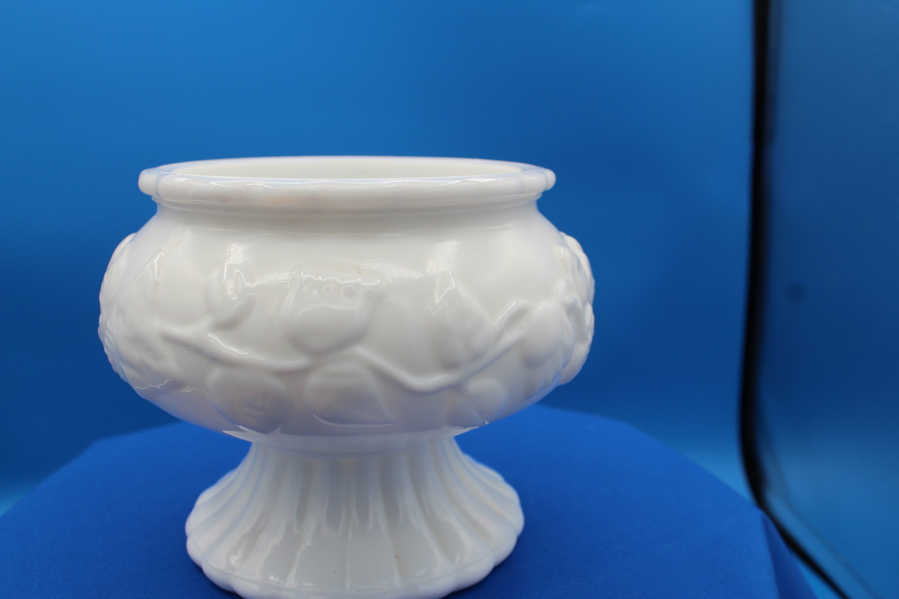 Vintage Milk Glass Floral and Ivy Pattern Low Foot Scalloped Flat Rim ...