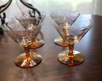 Vintage Fostoria Iridescent Optic Loop Amber Stem 3-Ounce Cocktail Glass Set of 4