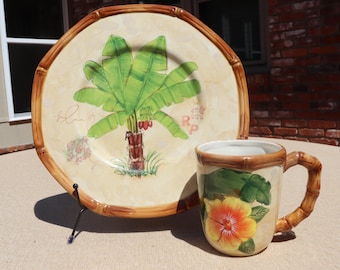 Vintage Stoneware Royal Palm by Ambiance Nanette Vacher Cup and Dinner Plate