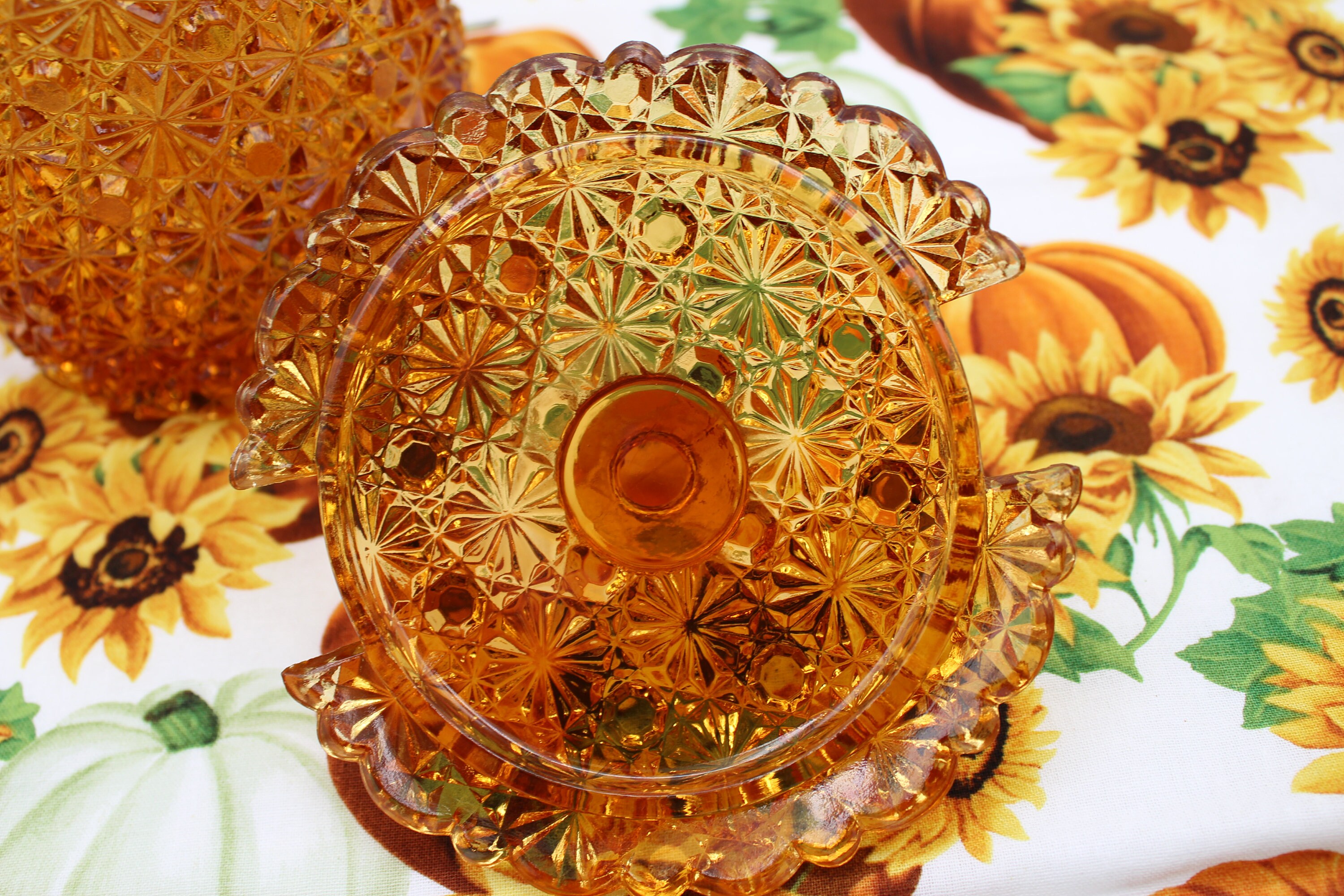 Vintage Fenton Amber Daisy and Button Candy Pail/box With