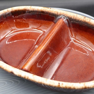 Vintage Hull Pottery Oven Proof Brown Drip Glaze Divided Dish Made in USA