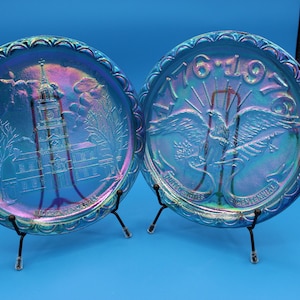 Choice of Vintage Indiana Glass Iridescent Blue Commemorative Plates United States Bicentennial or Independence Hall Embossed Carnival