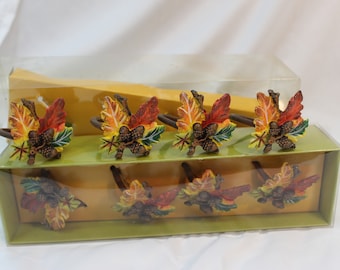 Vintage JoAnn Fabrics Autumn Accents Leaf/Acorn Napkin Rings 2 Sets of 4 in Original Boxes (8 Total)