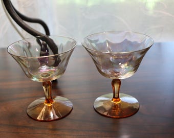 Vintage Fostoria Iridescent Optic Loop Amber Stem 6-Ounce Low Sherbet Set of 2