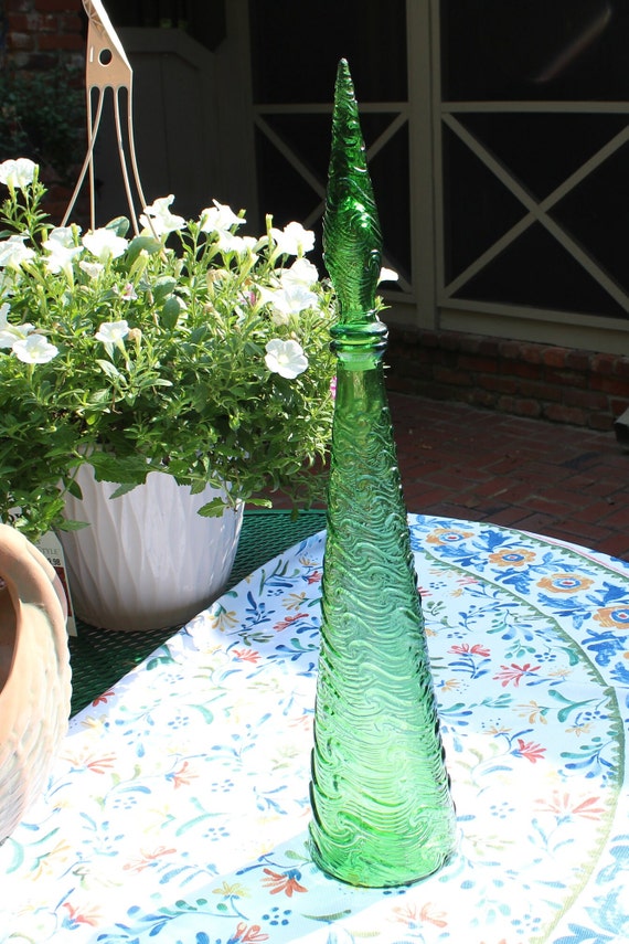 Vintage Empoli Green Genie Bottle Waves Pattern 22 1/2" Tall MCM