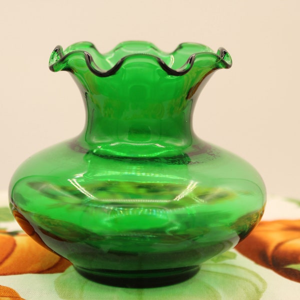 Vintage Anchor Hocking Forest Green Small Ruffled Vase