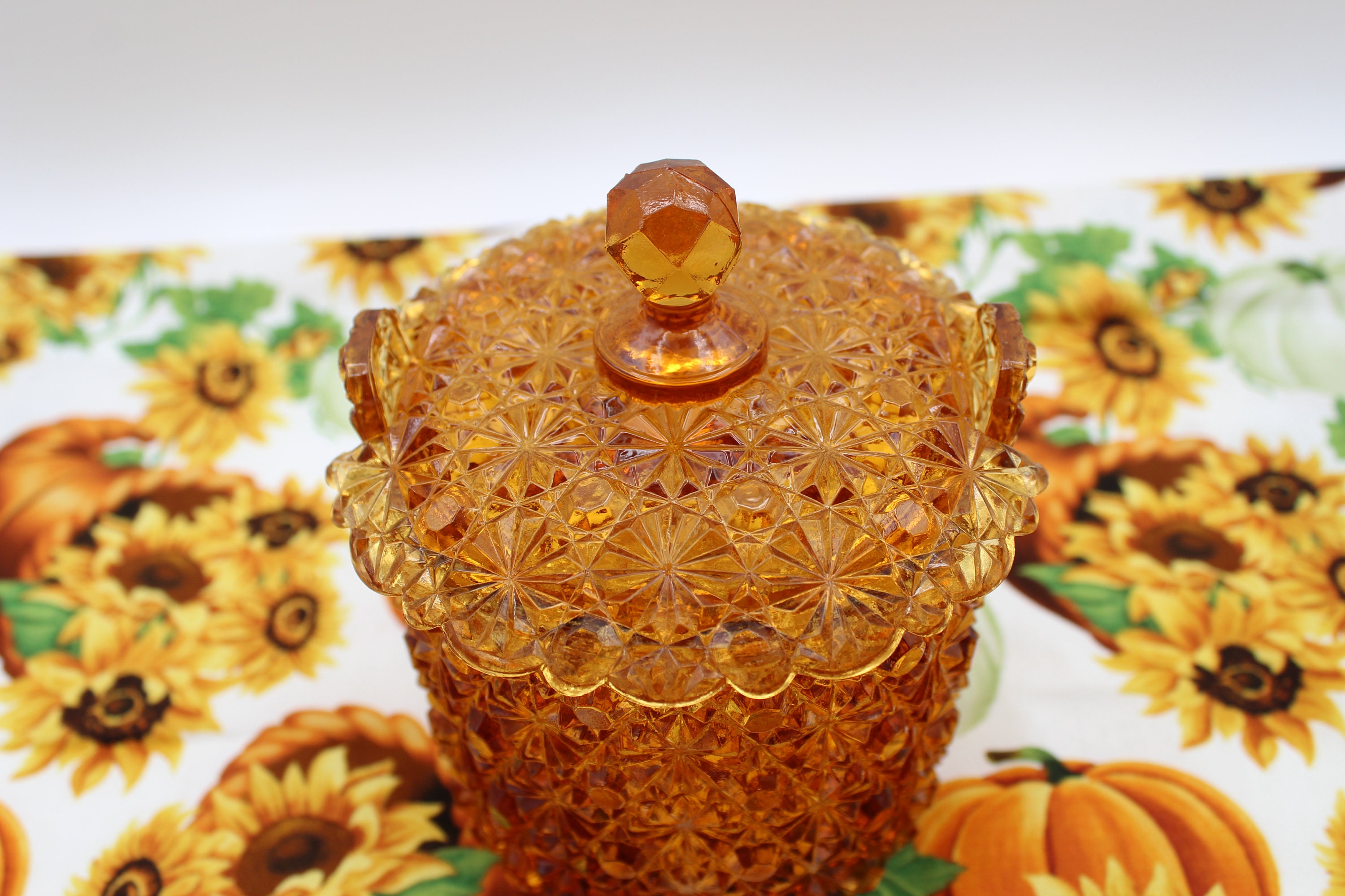 Vintage Fenton Amber Daisy and Button Candy Pail/box With