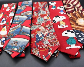 Vintage Assortment of 5 Novelty Ties Holiday, Joe Cool, Tabasco, Baseball American, Ducks Made in USA