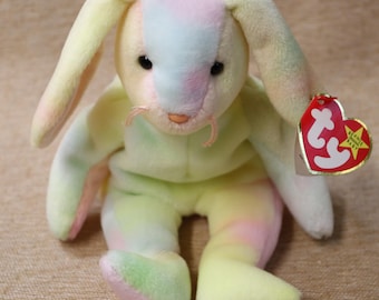 Vintage Ty Original Beanie Baby Hippie the Ty-dyed Bunny Hang Tag in Sleeve with Showcase Box Style 4218