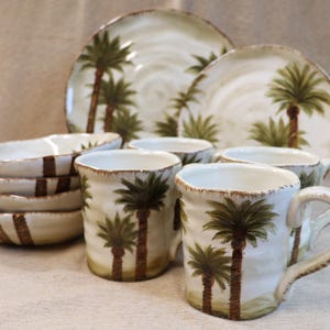 Choice of Tabletops Unlimited Fiji 11" Palm Tree Ceramic Dinner Plate, set of 4 Mugs, set of 4 Bowls, 1 Salad Plate *See Description*