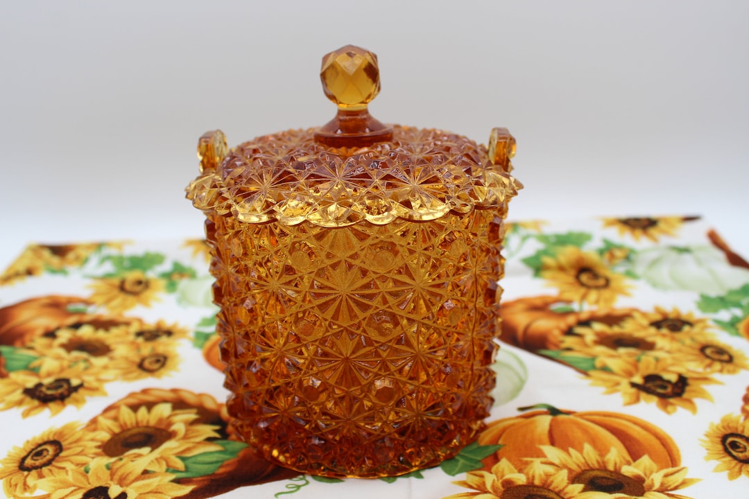 Vintage Fenton Amber Daisy and Button Candy Pail/box With