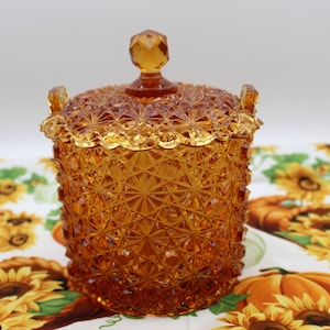 Vintage Fenton Amber Daisy and Button Candy Pail/Box with Lid