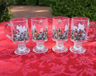 Vintage Arocpal Holiday Village Irish Coffee Mugs Set of 4