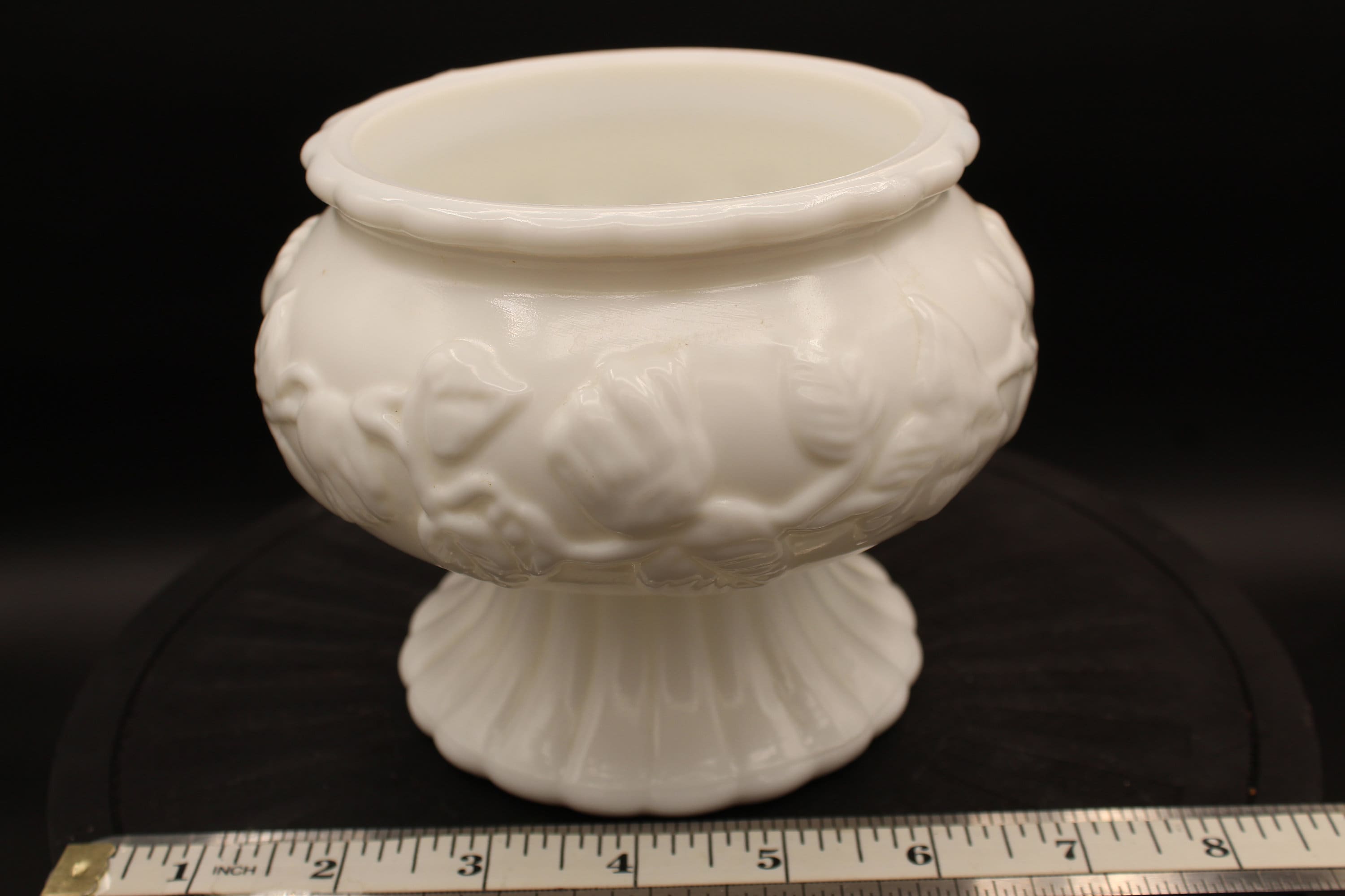 Vintage Milk Glass Floral and Ivy Pattern Low Foot Scalloped Flat Rim ...