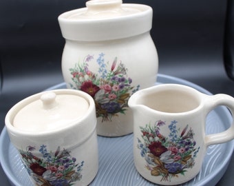 Shaker and Thangs Pottery Flower Design Kitchen Choice of Crock or Creamer and Sugar Set Made in USA in Marshall, Texas Farmhouse Vintage