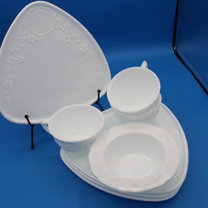 Assortment of Vintage Indiana Milk Glass Orange Blossom Four Snack Plates, Three Cups and One Berry Bowl