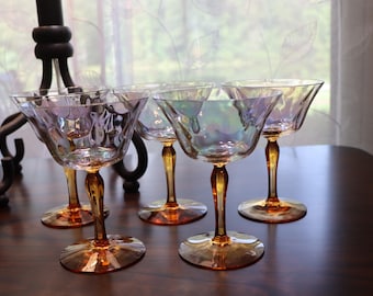 Vintage Fostoria Iridescent Optic Loop Amber Stem 6-Ounce Champagne/ High Sherbet Set of 5