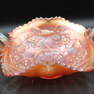 Vintage Fenton Marigold Golden Carnival Glass Bird and Cherry Bonbon Candy Dish *See Description*