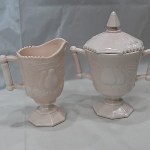 Vintage Jeannette Pink Milk Glass Baltimore Pear Pattern Creamer and Sugar
