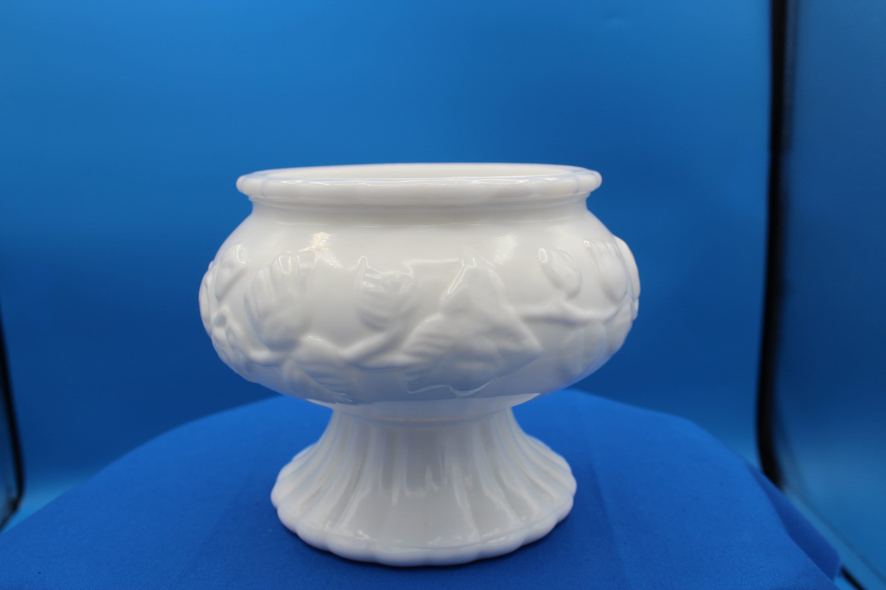 Vintage Milk Glass Floral and Ivy Pattern Low Foot Scalloped Flat Rim ...