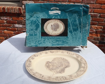 Vintage Ceramic Johnson Brothers Friendly Village Embossed Turkey Platter Original Box