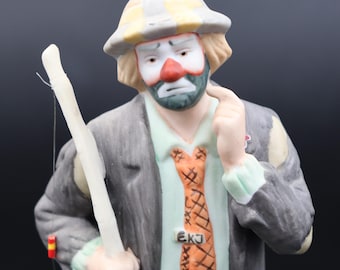 Vintage Porcelain Emmett Kelly Jr. Collection Fisherman Catching a Boot Figurine by Flambro Made in Malaysia.
