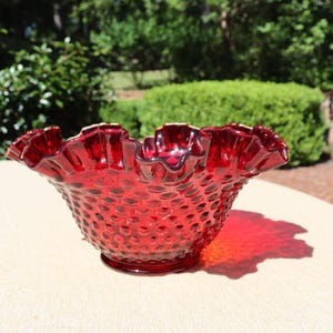 Vintage Fenton Ruby Red Hobnail Double Crimped 9" Bowl #R942RU