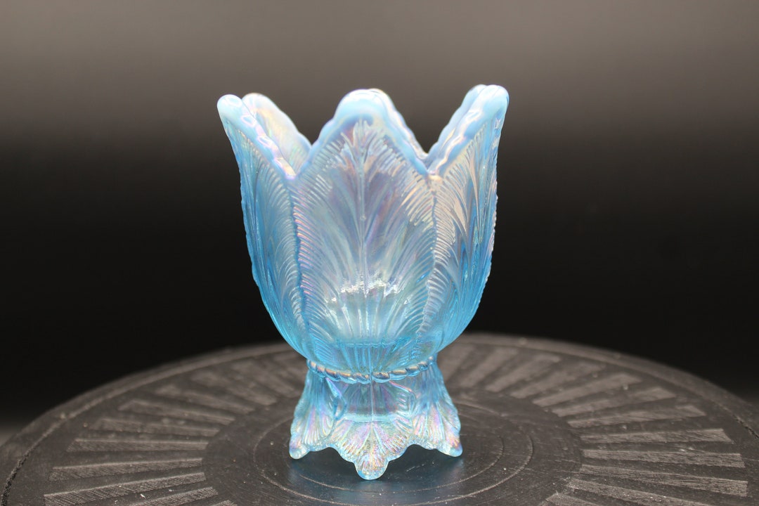 Vintage Fenton Salem Blue Iridescent Leaf 2 Way Candle Holder Etsy