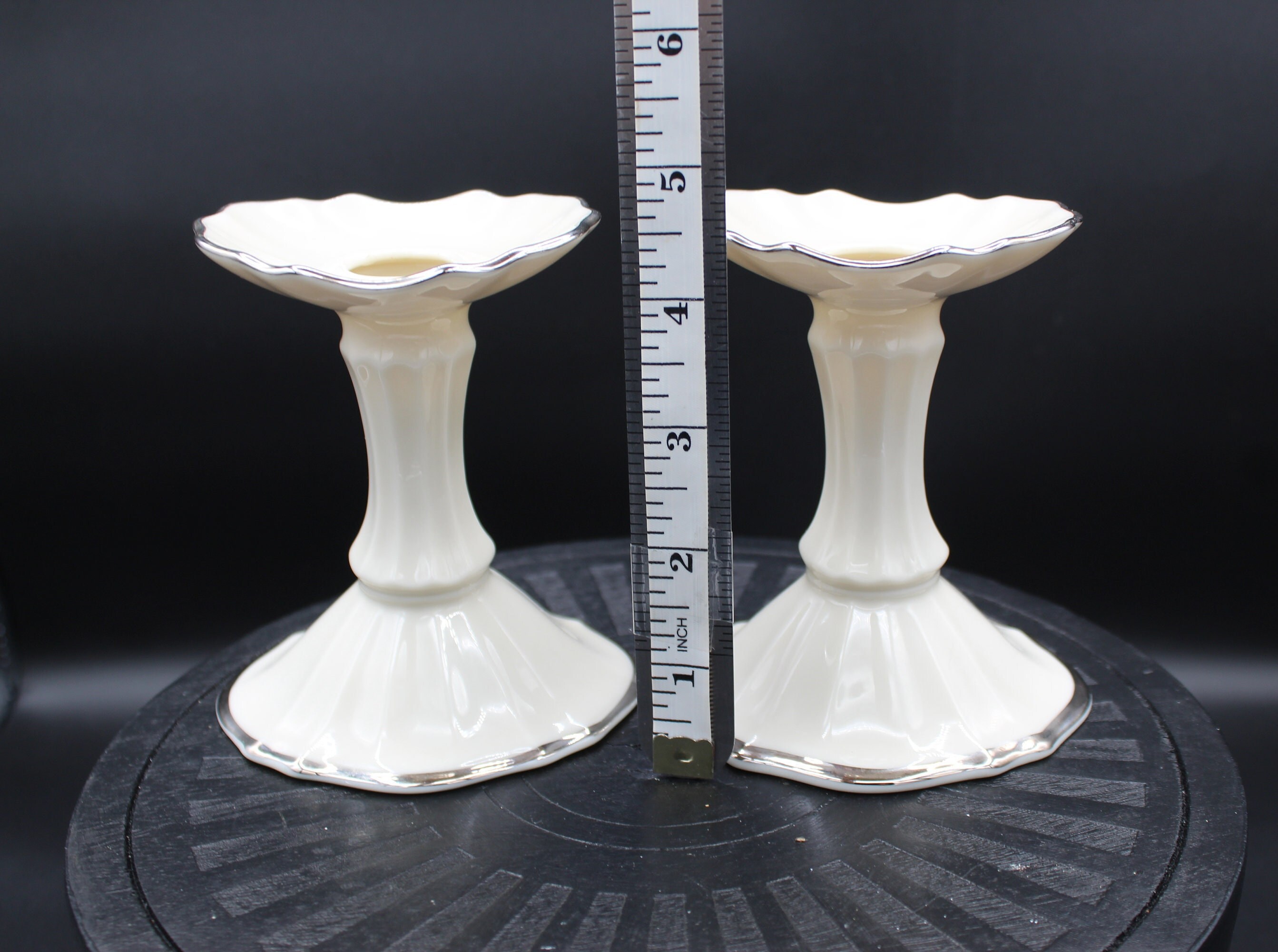 Pair of Vintage Lenox Symphony Ivory Platinum Trim Candle Holders