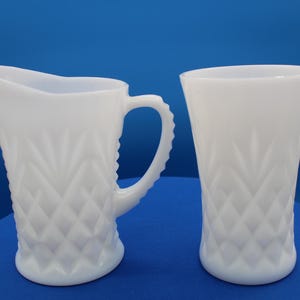 Vintage Anchor Hocking Milk Glass Prescut Pineapple Duo an 8 Ounce Tumbler and a Tall Cream Pitcher Diamond Fan