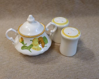 Vintage MCM Vernon Ware Poppy Covered Sugar and Metlox Poppy Salt/ Pepper Shakers Made in USA