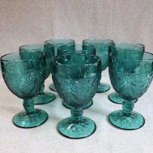 Vintage Tiara Exclusives Spruce Green Sandwich Glass 8 Ounce Water Goblets Set of 8 Made in USA Indiana Glass Teal Green