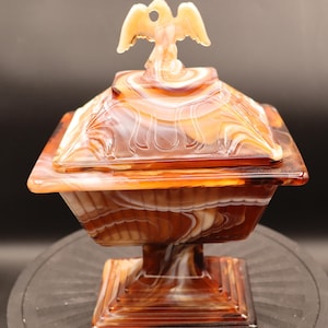 Vintage Imperial Glass Caramel Slag Pedestal Candy Dish with Lid Eagle Finial Mold #461 Scrollwork