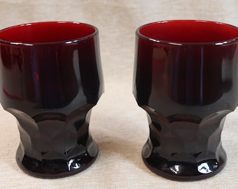 Vintage Pair of Anchor Hocking Royal Ruby Red Georgian Honeycomb 9 Ounce Glasses Holiday Patriotic Decor Made in USA