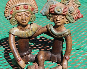 Vintage Hand Crafted Painted Clay Figurine Two Seated Men in Headdress Mayan Aztec Incan