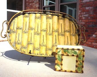 Vintage Bamboo Themed Tableware Metal Serving Tray and Ceramic Napkin Holder